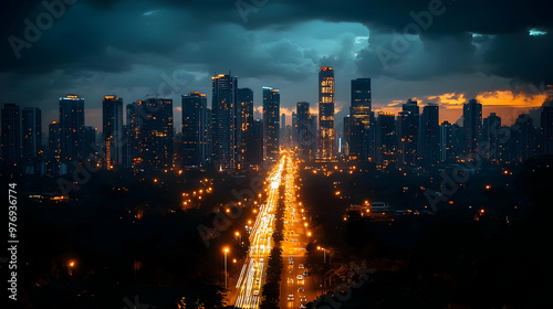 A long, illuminated road cu...