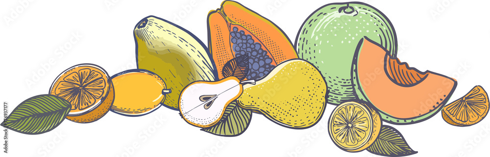 Composition of various fruits made in pop art technique on a transparent background. Flat digital illustration in modern style for branding, advertising, posters Composition of various fruits made in pop art technique on a transparent background. Flat digital illustration in modern style for branding, advertising, posters
