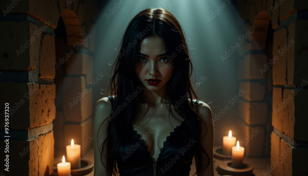 Fototapeta premium A mysterious figure stands in candlelight, exuding an aura of intrigue and allure in a dark, atmospheric setting.