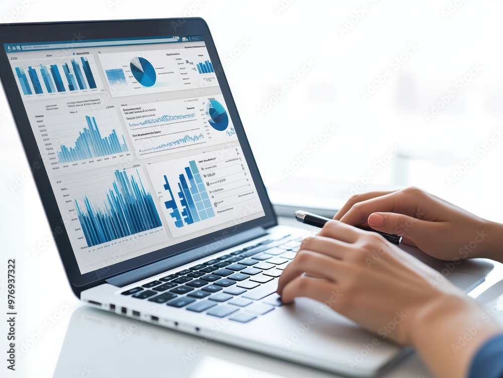 Businesswoman reviewing quality control reports on a laptop, workplace setting, pure white background