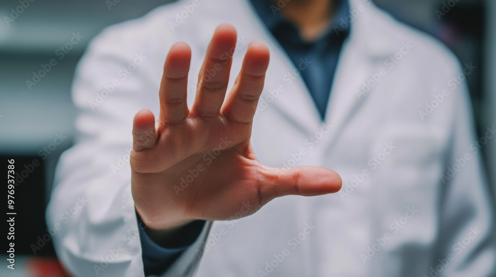 Fototapeta premium A medical professional is extending their hand, possibly to indicate request or instruction. image conveys sense of authority and professionalism in healthcare setting