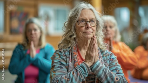A group of older women participating in a yoga class at a community center, promoting health and well-being.