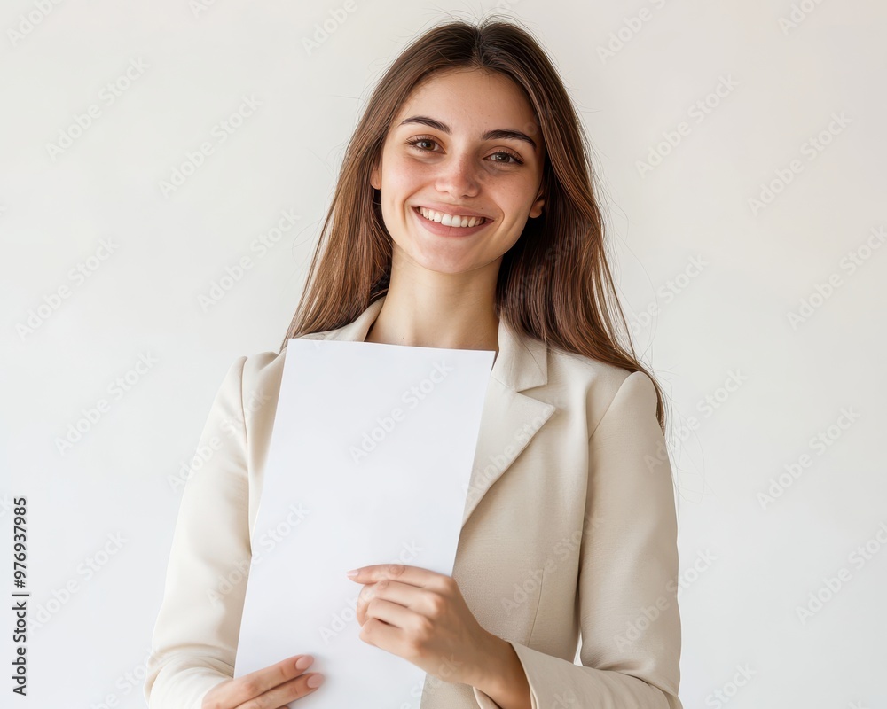 Smiling businesswoman presenting a quality certification document, corporate quality control assurance, white background Smiling businesswoman presenting a quality certification document, corporate quality control assurance, white background