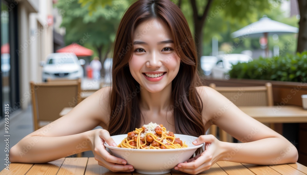 Cheerful woman enjoying a plate of pasta at a sunny outdoor restaurant, showcasing a vibrant dining experience. Cheerful woman enjoying a plate of pasta at a sunny outdoor restaurant, showcasing a vibrant dining experience.