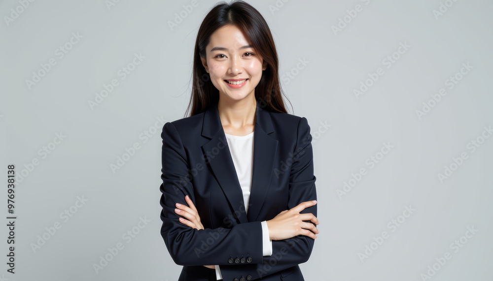 Confident businesswoman smiling in formal attire with arms crossed, representing professionalism and success in the workplace. Confident businesswoman smiling in formal attire with arms crossed, representing professionalism and success in the workplace.