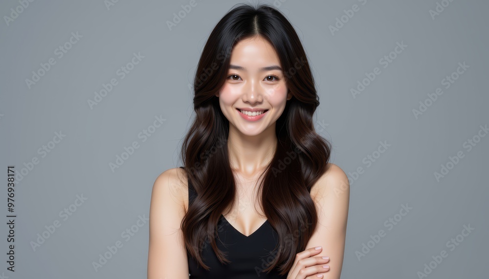Portrait of a smiling woman with long hair, wearing a black top, presenting a confident and approachable demeanor against a gray background. Portrait of a smiling woman with long hair, wearing a black top, presenting a confident and approachable demeanor against a gray background.