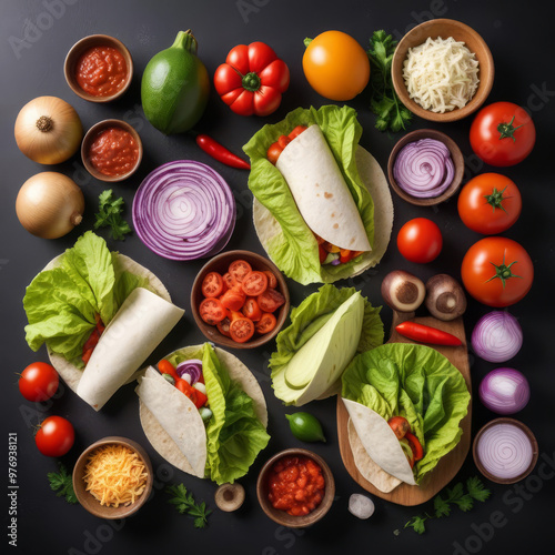 Cooking vegetarian tacos, vegetable ingredients and tortillas with sauce on black table photo