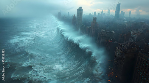 A massive tsunami wave cras...