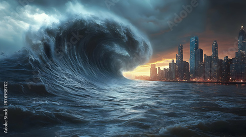 A massive, dark wave crashe...