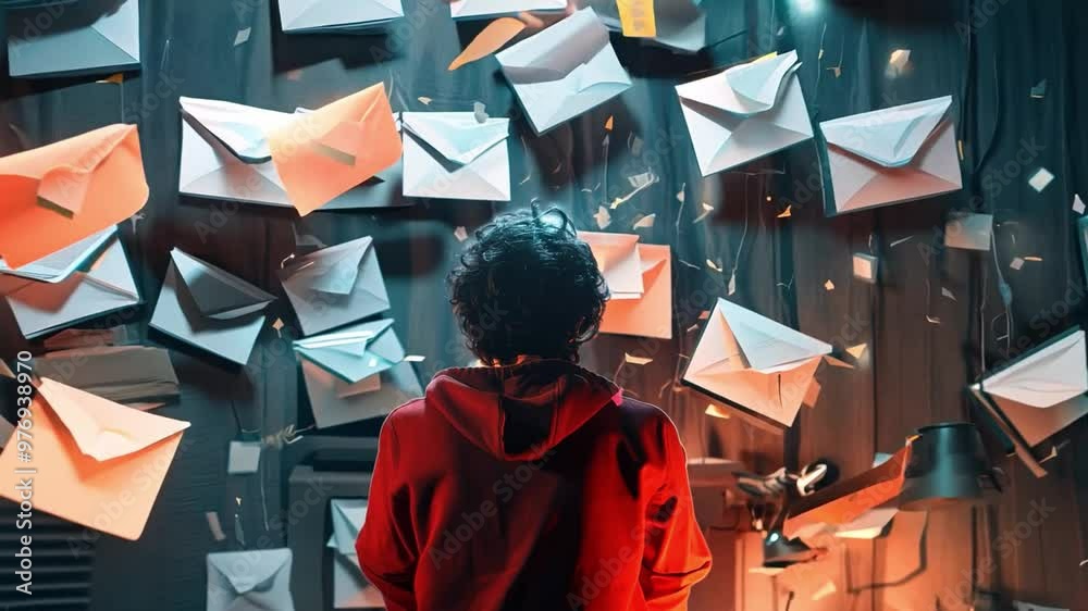 An email inbox filled with various unread messages, with a prominent spam virus warning at the top. The background includes a blurred image of a worried user.
