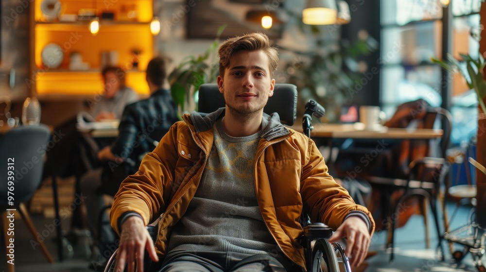 A wheelchair-using young man actively participating in a team meeting at a bustling co-working space. , magazine photography, Canon EOS R5, color A wheelchair-using young man actively participating in a team meeting at a bustling co-working space. , magazine photography, Canon EOS R5, color
