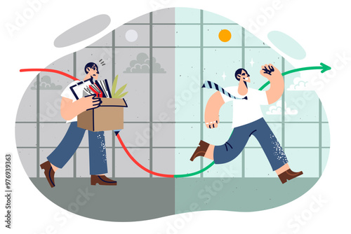 Life cycle of business man who was fired and found new job in corporation with high incomes