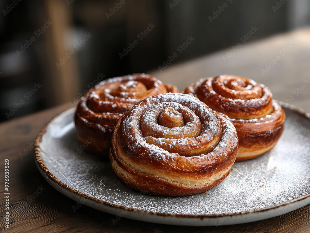 Plate of Three Cinnamon Rolls with Powdered Sugar Plate of Three Cinnamon Rolls with Powdered Sugar