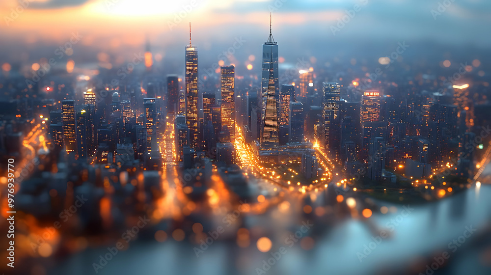Fototapeta premium A miniature-like aerial view of a city skyline at dusk with buildings lit up by streetlights and glowing with warm colors, creating a magical and surreal atmosphere.
