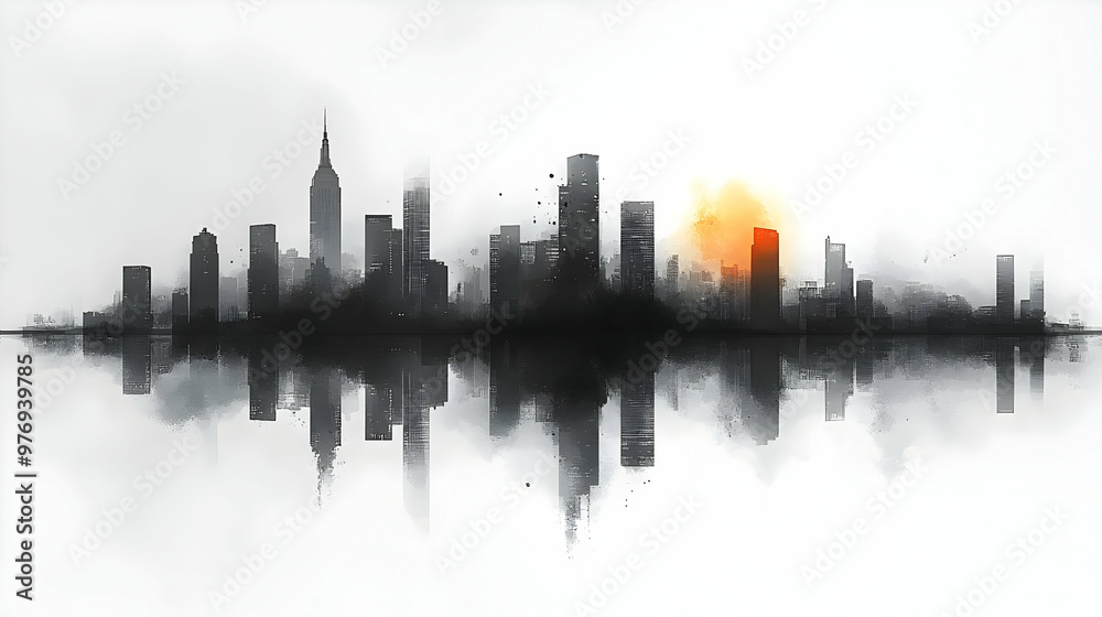 Naklejka premium A minimalist black and white illustration of a city skyline with a stylized orange sun rising above. The skyline is reflected in a hazy, watery surface.