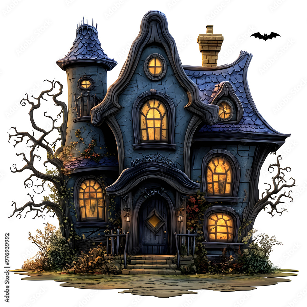 Obraz premium Whimsical Haunted House in Cartoon Style with Autumnal Details