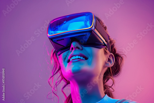 Fashion model person wearing futuristic shiny glamorous VR goggles watching cyberpunk video, Generative AI