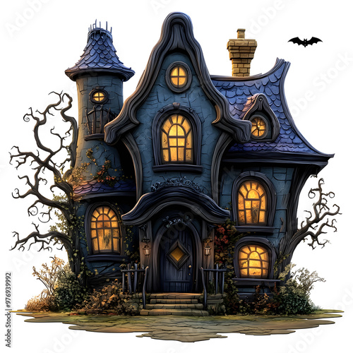 Whimsical Haunted House in Cartoon Style with Autumnal Details