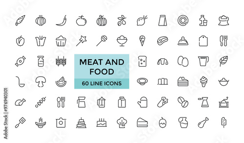 Meat and food Editable Icons collections, Vector illustration in modern thin line style of food related icons: chicken, octopus, beef, and more. Outline icons collection. Simple and editable vector il