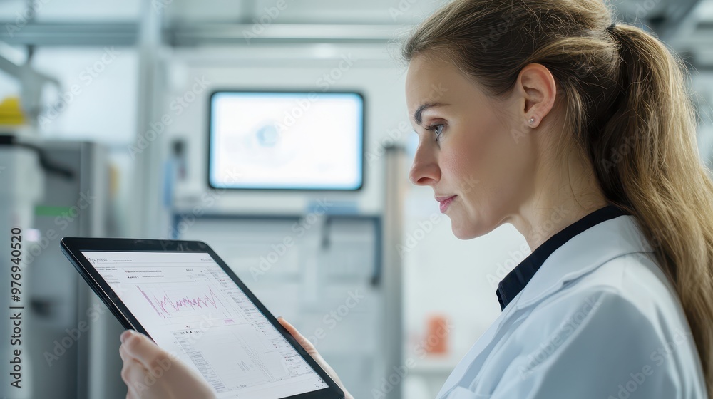 Woman with tablet device reviewing production metrics, quality control process, white background Woman with tablet device reviewing production metrics, quality control process, white background
