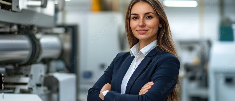 Businesswoman with crossed arms, standing in front of machinery, quality control and assurance concept, white background Businesswoman with crossed arms, standing in front of machinery, quality control and assurance concept, white background
