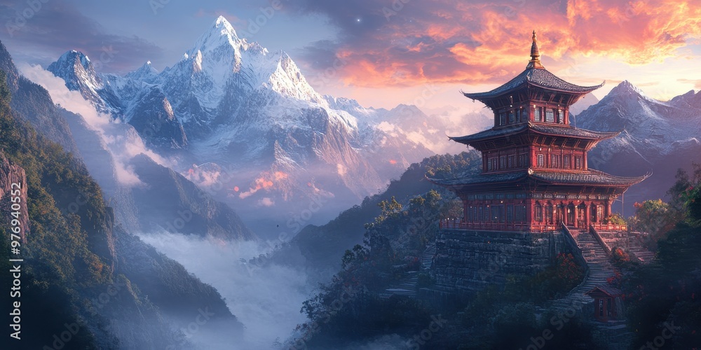 peaceful temple surrounded by mountains peaceful temple surrounded by mountains
