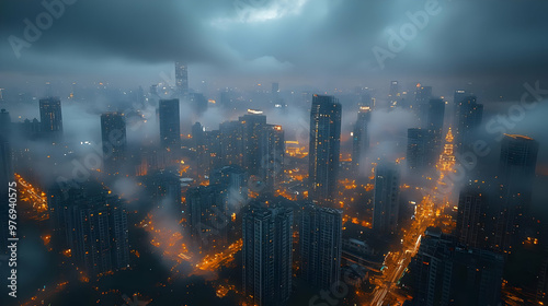 A misty cityscape at night,...