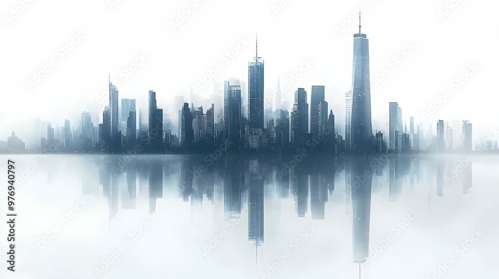 A misty cityscape skyline with tall skyscrapers reflecting on a calm body of water. A misty cityscape skyline with tall skyscrapers reflecting on a calm body of water.