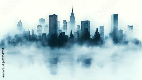 A misty cityscape silhouette with skyscrapers and high-rise buildings emerging from the fog.