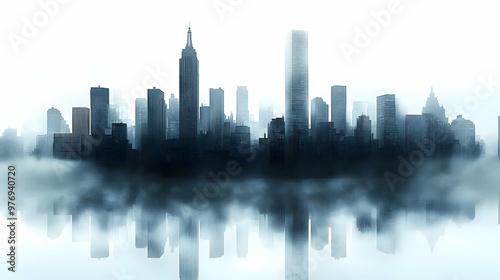A misty cityscape silhouett...