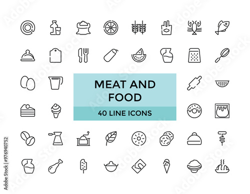 Meat and food Editable Icons collections, Vector illustration in modern thin line style of food related icons: chicken, octopus, beef, and more. Outline icons collection. Simple and editable vector il