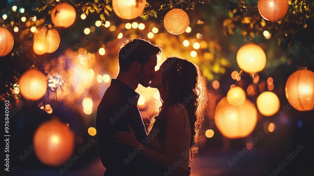 A couple sharing a kiss while surrounded by fairy lights and soft, glowing lanterns outdoors.
