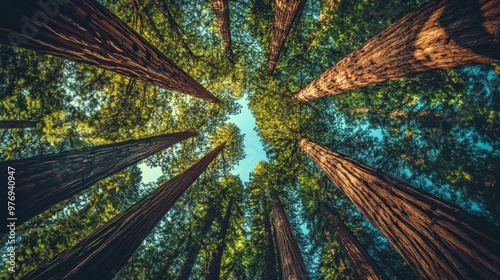 enchanted forest, in a dense forest, towering redwood trees reach towards the sky, their majestic height and ancient presence inspiring awe and reverence in all who stand beneath them photo