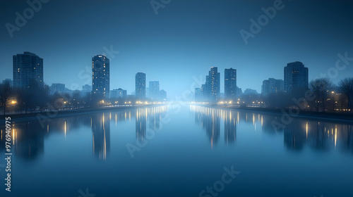 A misty cityscape with a re...