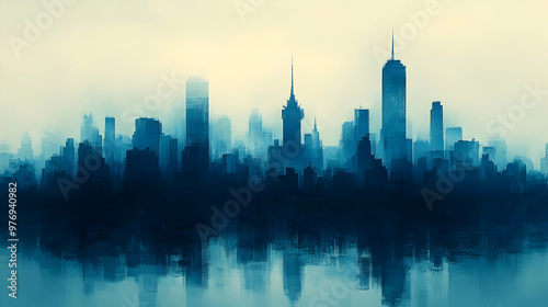 A misty cityscape with buil...