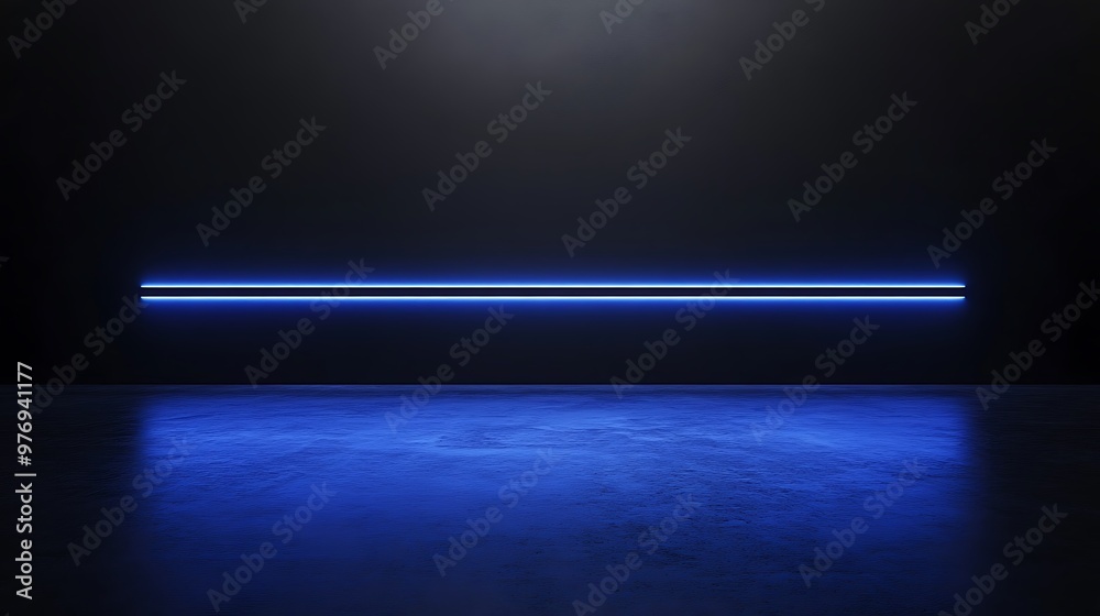 Blue Neon Light Strip on a Black Wall with a Reflective Floor Blue Neon Light Strip on a Black Wall with a Reflective Floor