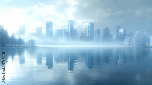 A misty cityscape with skyscrapers reflecting in a calm lake, bathed in the soft glow of the morning sun.