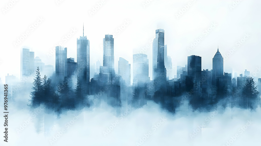 A misty cityscape with tall buildings and trees, with a blue-toned color scheme.