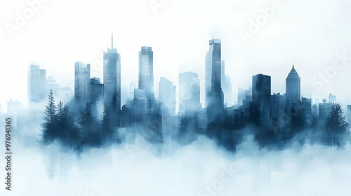 A misty cityscape with tall...