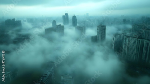 A misty cityscape with tall...