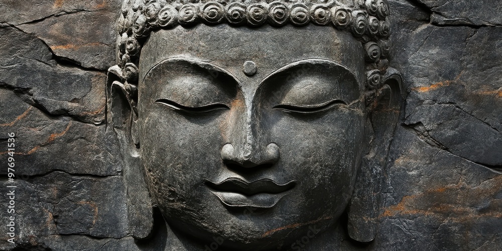 serene Buddha face carved in stone serene Buddha face carved in stone