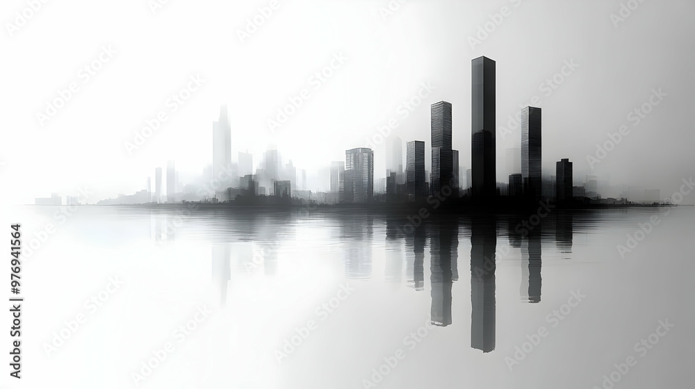A misty cityscape with tall buildings reflected in the water, a minimalist black and white photo.