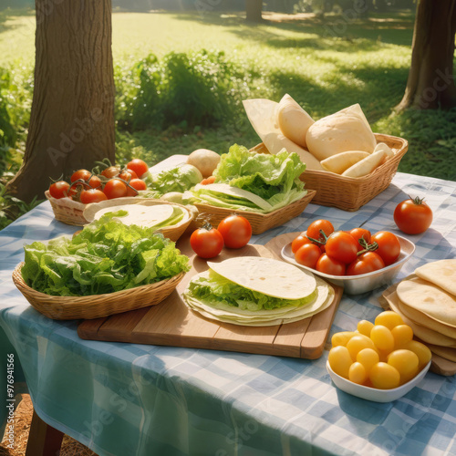 Cooking vegetarian tacos, vegetable ingredients and tortillas with sauce on the table photo