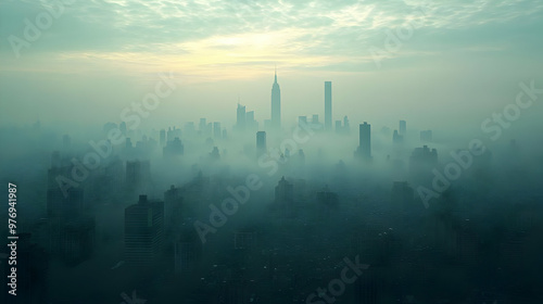 A misty cityscape with tall...