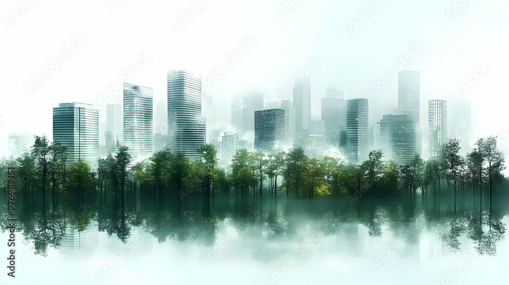 Fototapeta premium A misty cityscape with trees in the foreground, reflecting in the water.