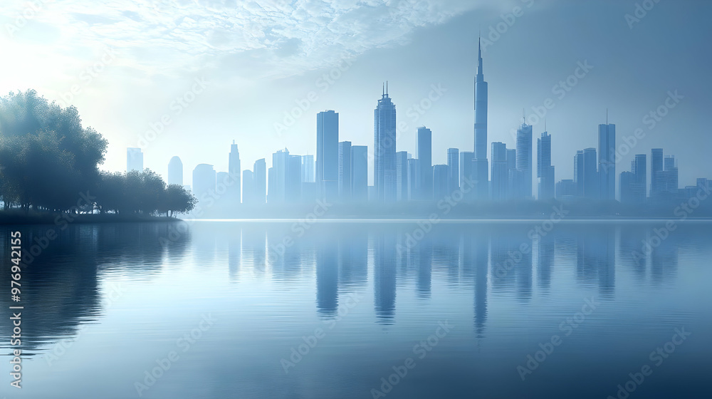 A misty morning cityscape with a reflection in the water. A misty morning cityscape with a reflection in the water.