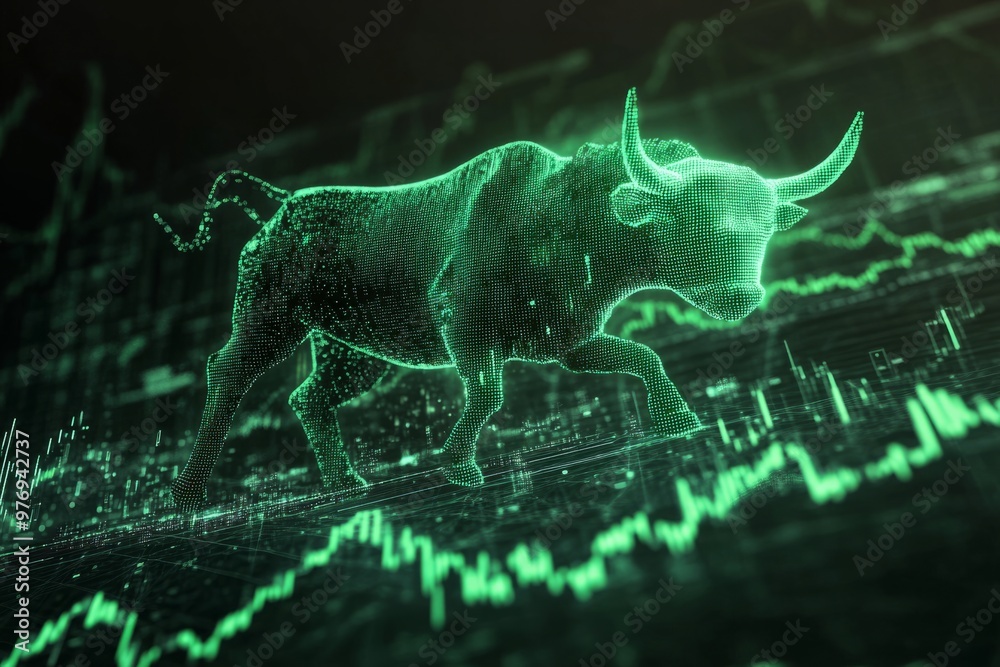 Modern wallpaper, a green stock market chart with a digital bull in the background Modern wallpaper, a green stock market chart with a digital bull in the background