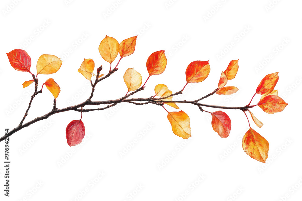 A close-up of a branch with red and yellow autumn leaves against a black background.