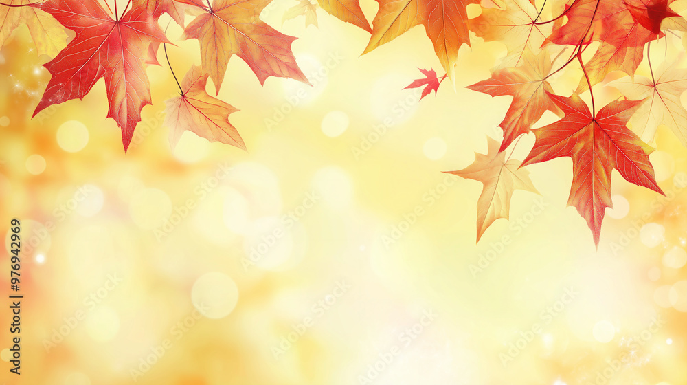 Photorealistic red and yellow maple leaves from above on pale yellow background with bokeh. Autumn banner concept with copy space. Photorealistic red and yellow maple leaves from above on pale yellow background with bokeh. Autumn banner concept with copy space.