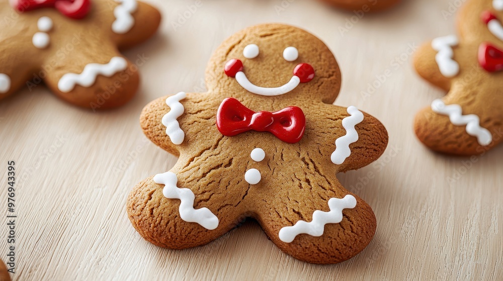Gingerbread Man Christmas Cookie with Red Bow and White Icing Gingerbread Man Christmas Cookie with Red Bow and White Icing